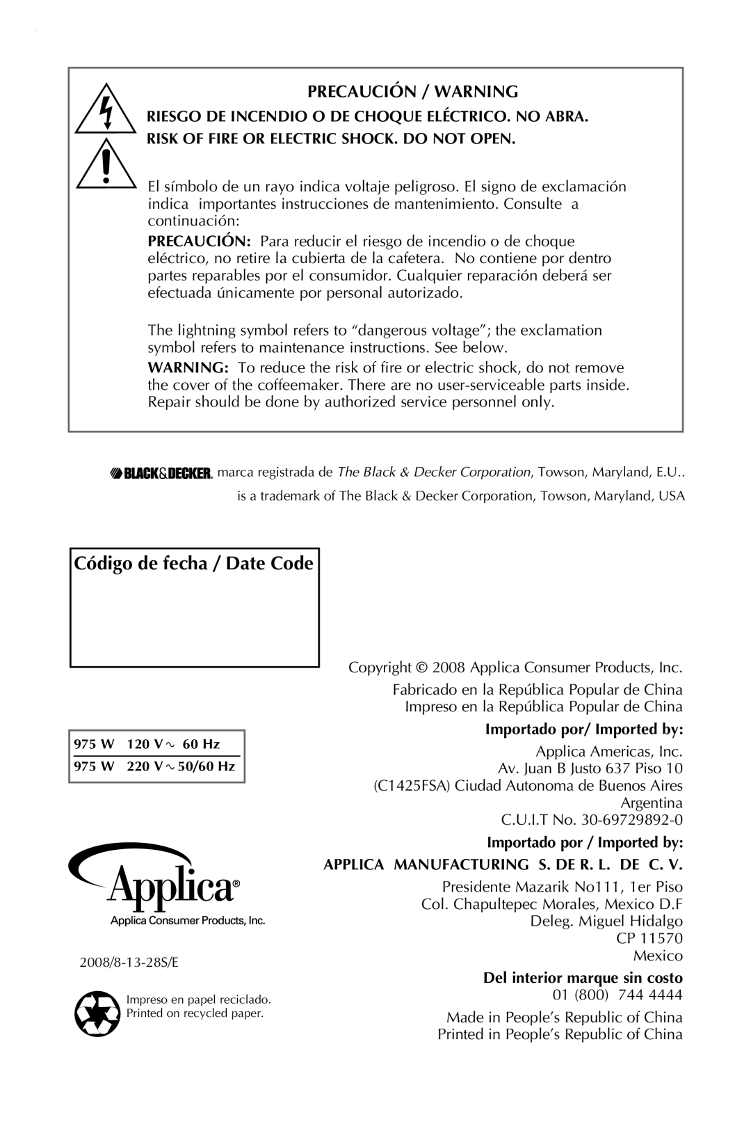 Black & Decker DCM2161B manual Precaución / Warning, Código de fecha / Date Code 