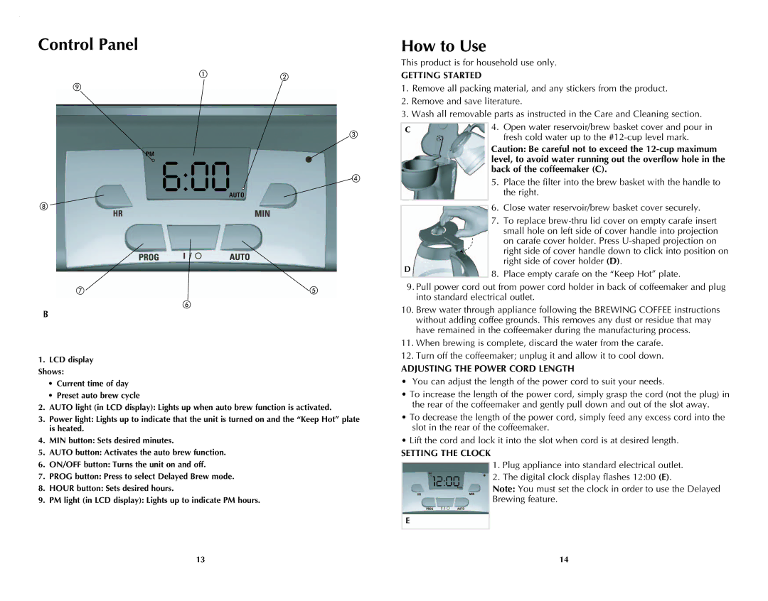 Black & Decker DCM2161B manual Control Panel, How to Use, Getting Started, Adjusting the Power Cord Length 