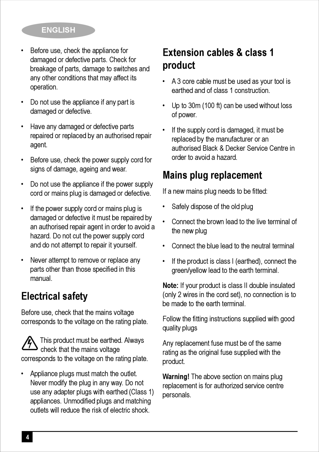 Black & Decker DCM25 manual Electrical safety, Extension cables & class 1 product, Mains plug replacement 