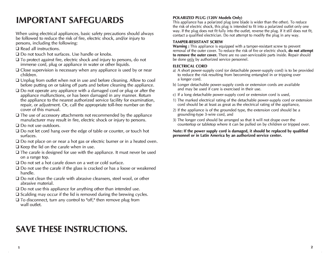 Black & Decker DCM2500B, DCM2500K manual Important Safeguards, Save These Instructions 