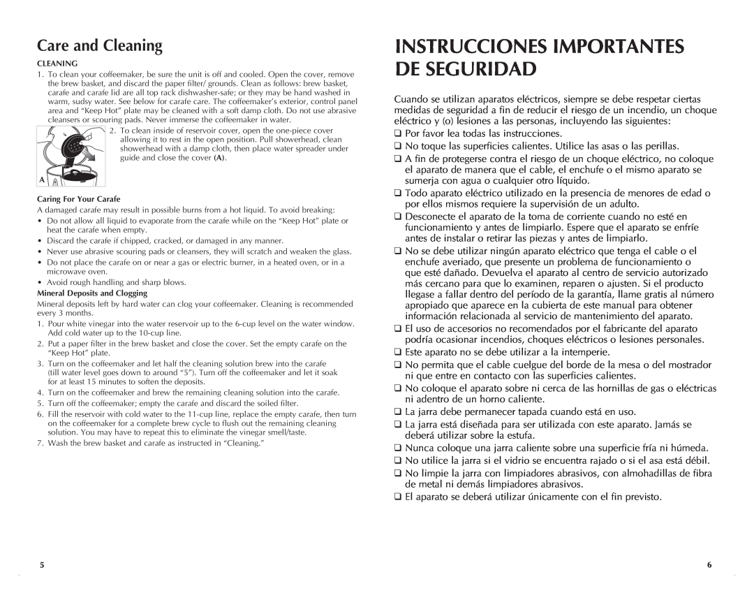 Black & Decker DCM2500K, DCM2500B manual Care and Cleaning, Instrucciones Importantes De Seguridad 
