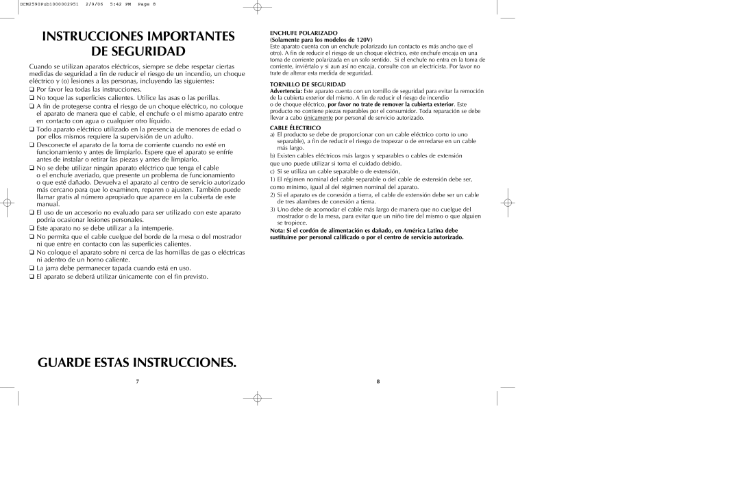 Black & Decker DCM2590W manual Instrucciones Importantes DE Seguridad, Guarde Estas Instrucciones, Cable Électrico 