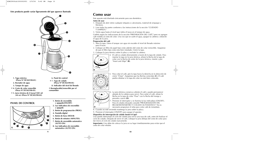 Black & Decker DCM2590W manual Como usar, Panel DE Control, Antes de usar, Preparación del café 