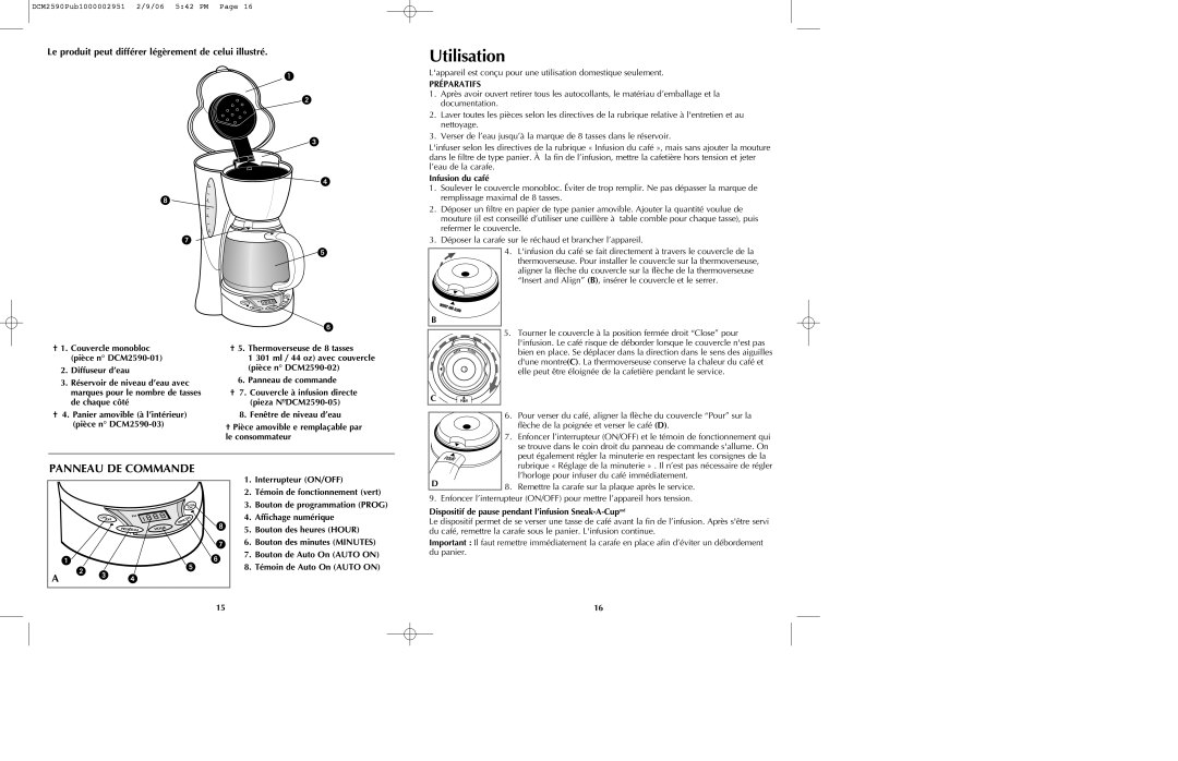 Black & Decker DCM2590W manual Utilisation, Panneau DE Commande, Le produit peut différer légèrement de celui illustré 