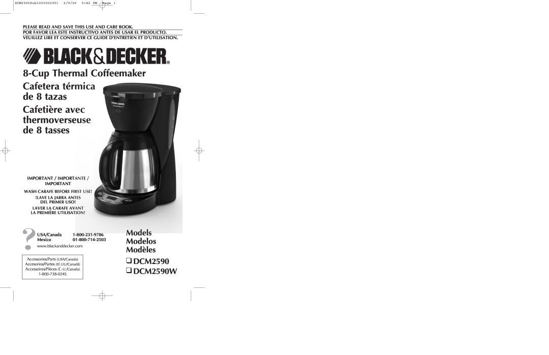 Black & Decker manual CupThermal Coffeemaker, Models Modelos Modèles DCM2590 DCM2590W, Cafetera térmica de 8 tazas 