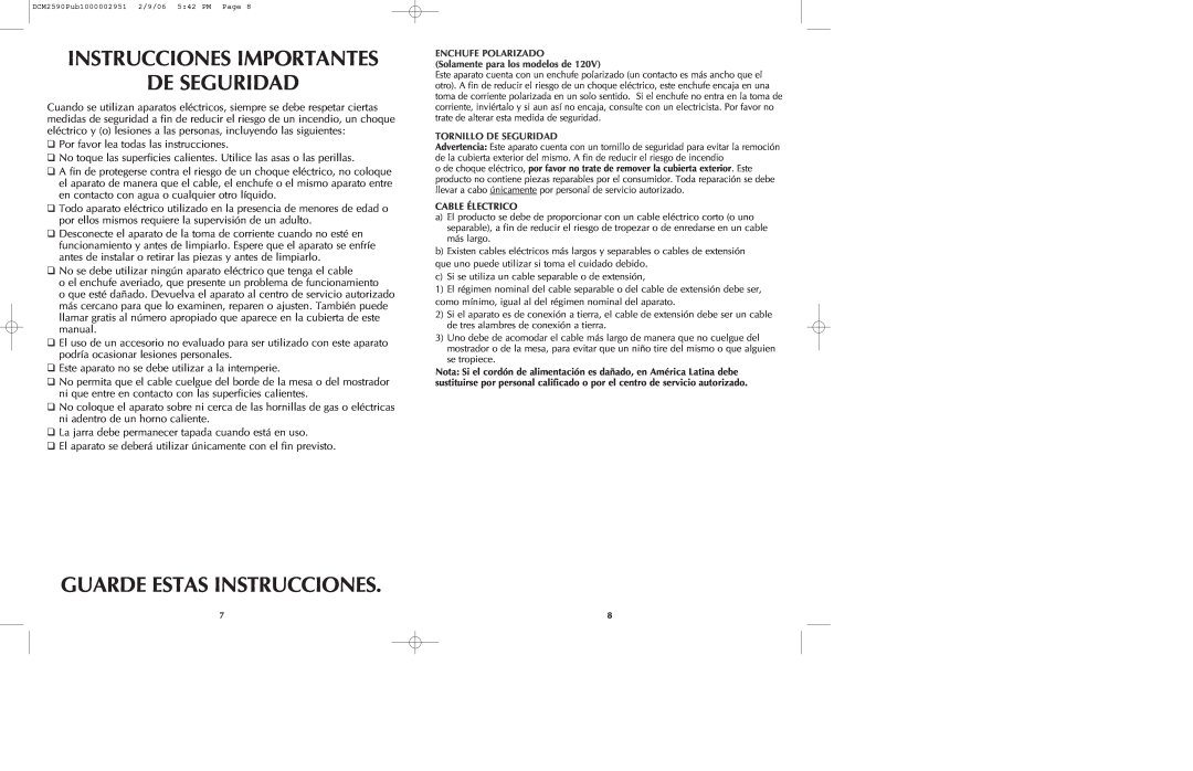 Black & Decker DCM2590W manual Instrucciones Importantes De Seguridad, Guarde Estas Instrucciones 