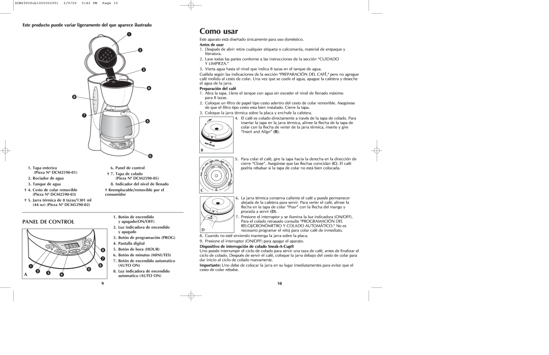 Black & Decker DCM2590W Como usar, Panel De Control, Antes de usar, Preparación del café, Tapa enteriza, Panel de control 