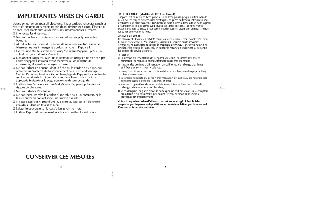 Black & Decker DCM2590W manual Importantes Mises En Garde, Conserver Ces Mesures 