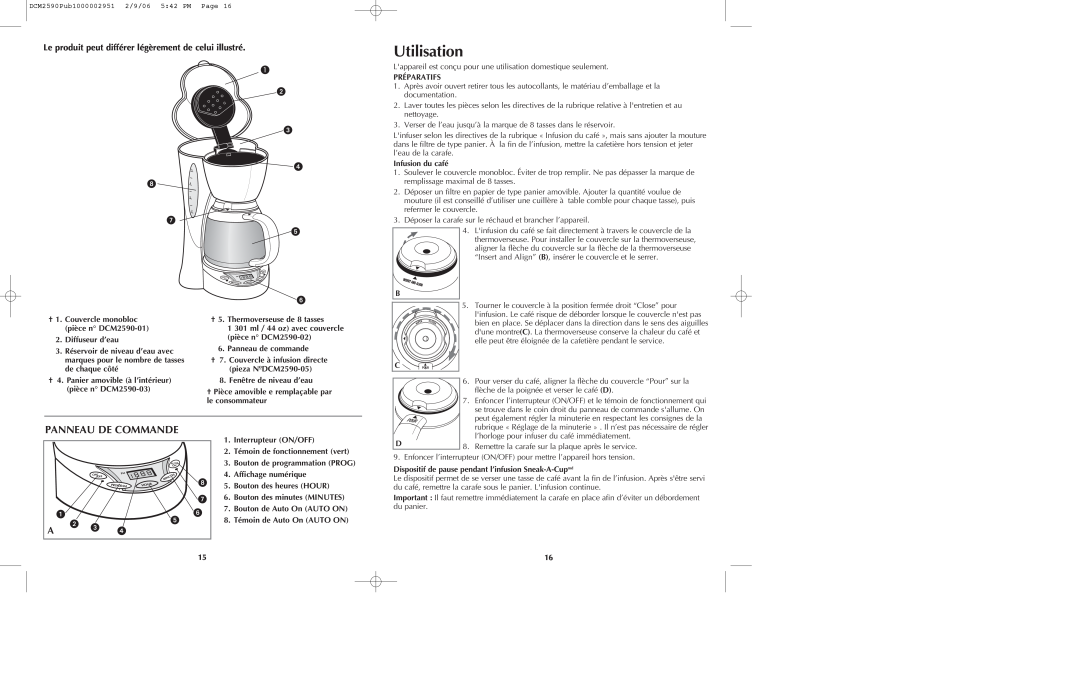 Black & Decker DCM2590 Utilisation, Panneau De Commande, Préparatifs, Infusion du café, Couvercle monobloc, de chaque côté 