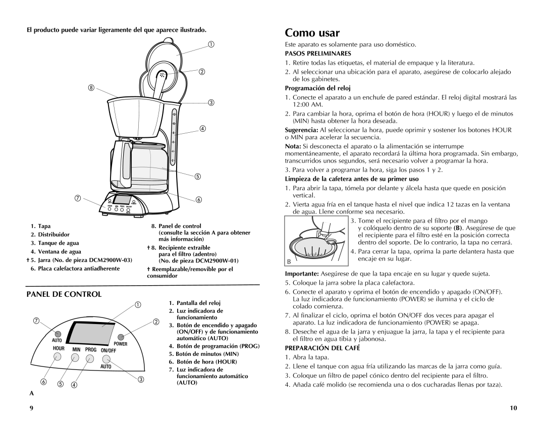 Black & Decker DCM2900W manual Como usar, Panel DE Control, Pasos Preliminares, Preparación DEL Café 