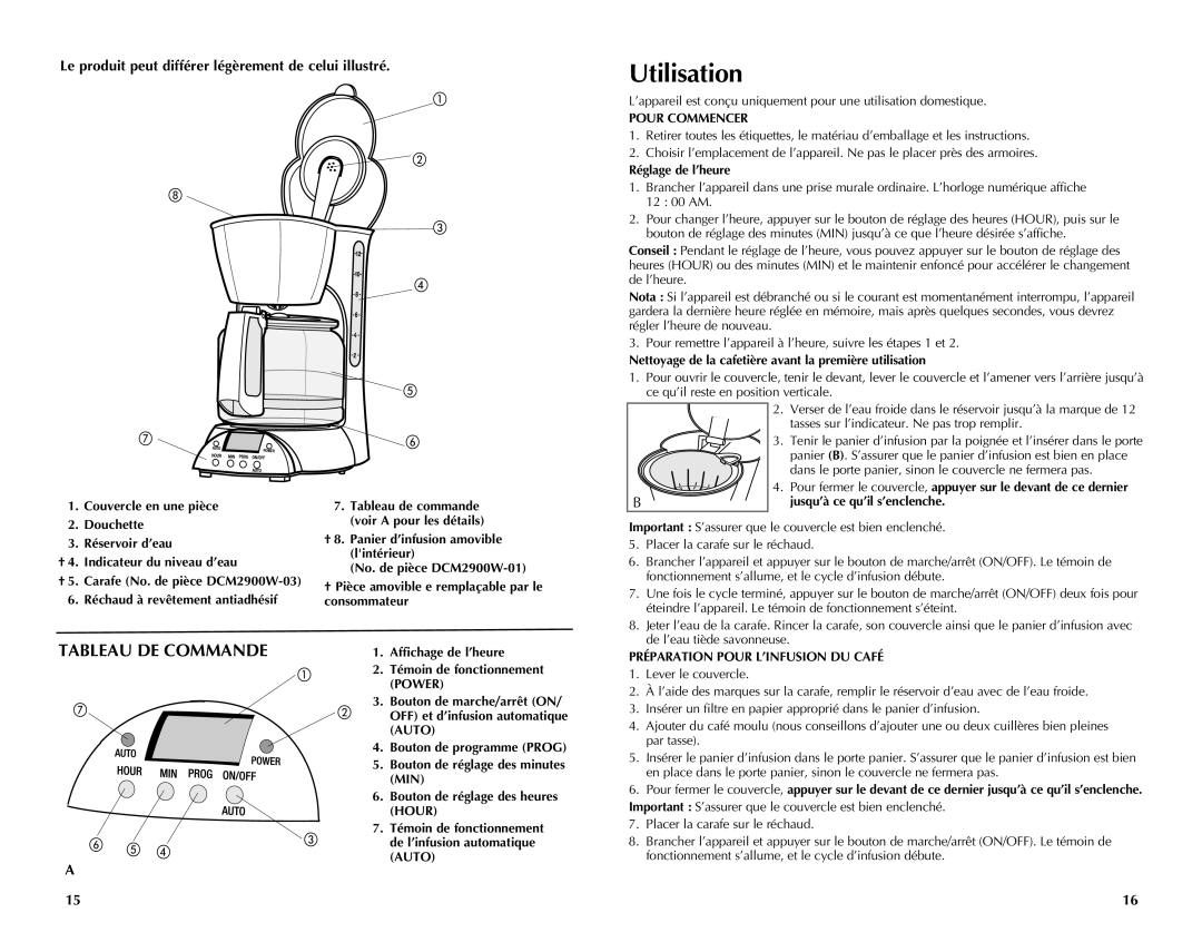 Black & Decker DCM2900W manual Utilisation, Tableau DE Commande, Le produit peut différer légèrement de celui illustré,   