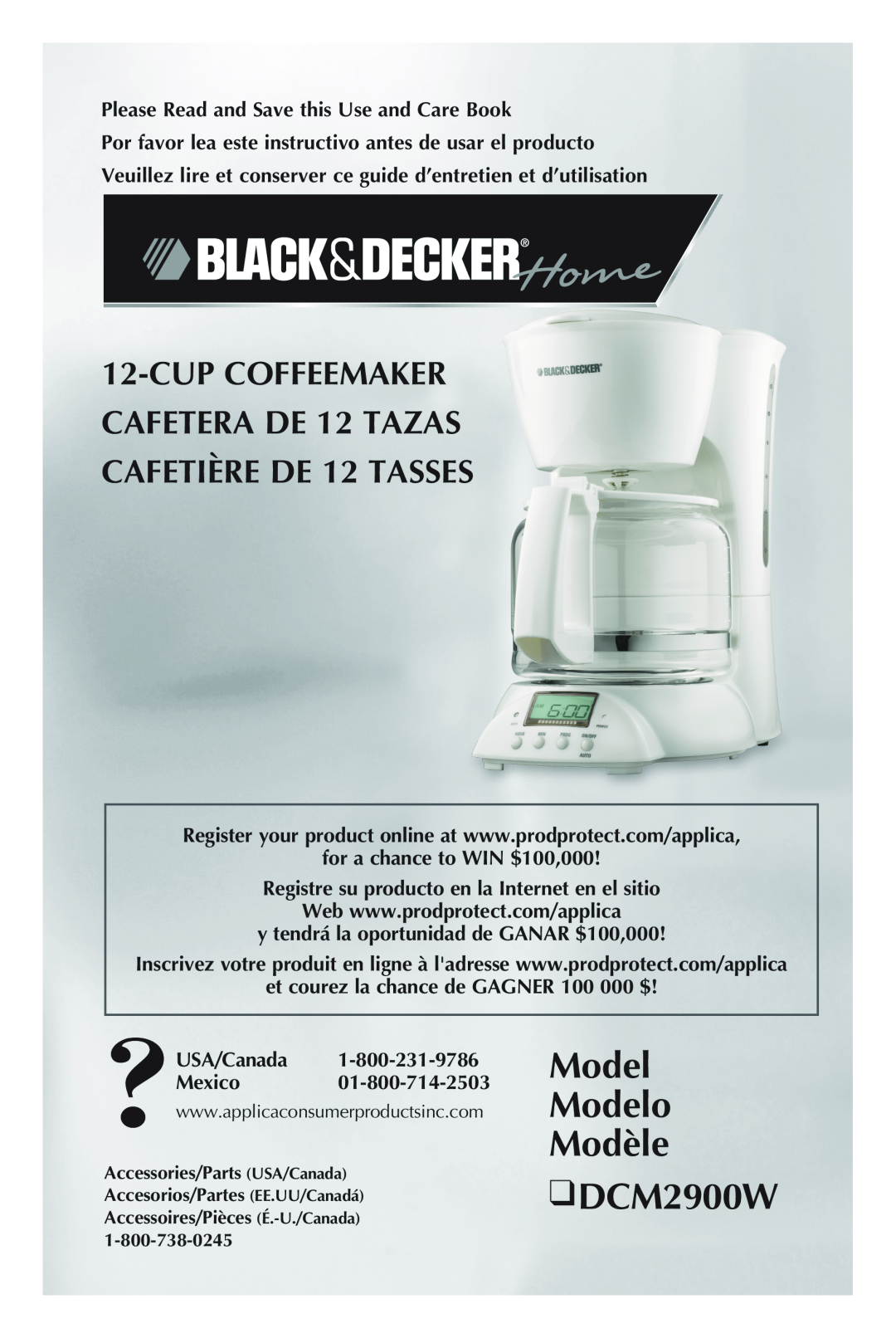Black & Decker manual Model Modelo Modèle DCM2900W, CUP COFFEEMAKER CAFETERA DE 12 TAZAS CAFETIÈRE DE 12 TASSES 
