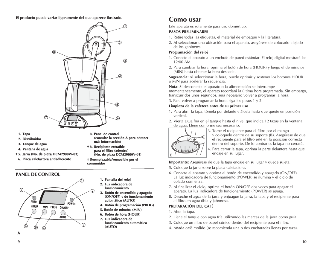 Black & Decker DCM2900W manual Como usar, Panel De Control, El producto puede variar ligeramente del que aparece ilustrado 