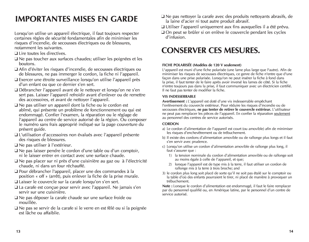 Black & Decker DCM2900W manual Importantes Mises En Garde, Conserver Ces Mesures 