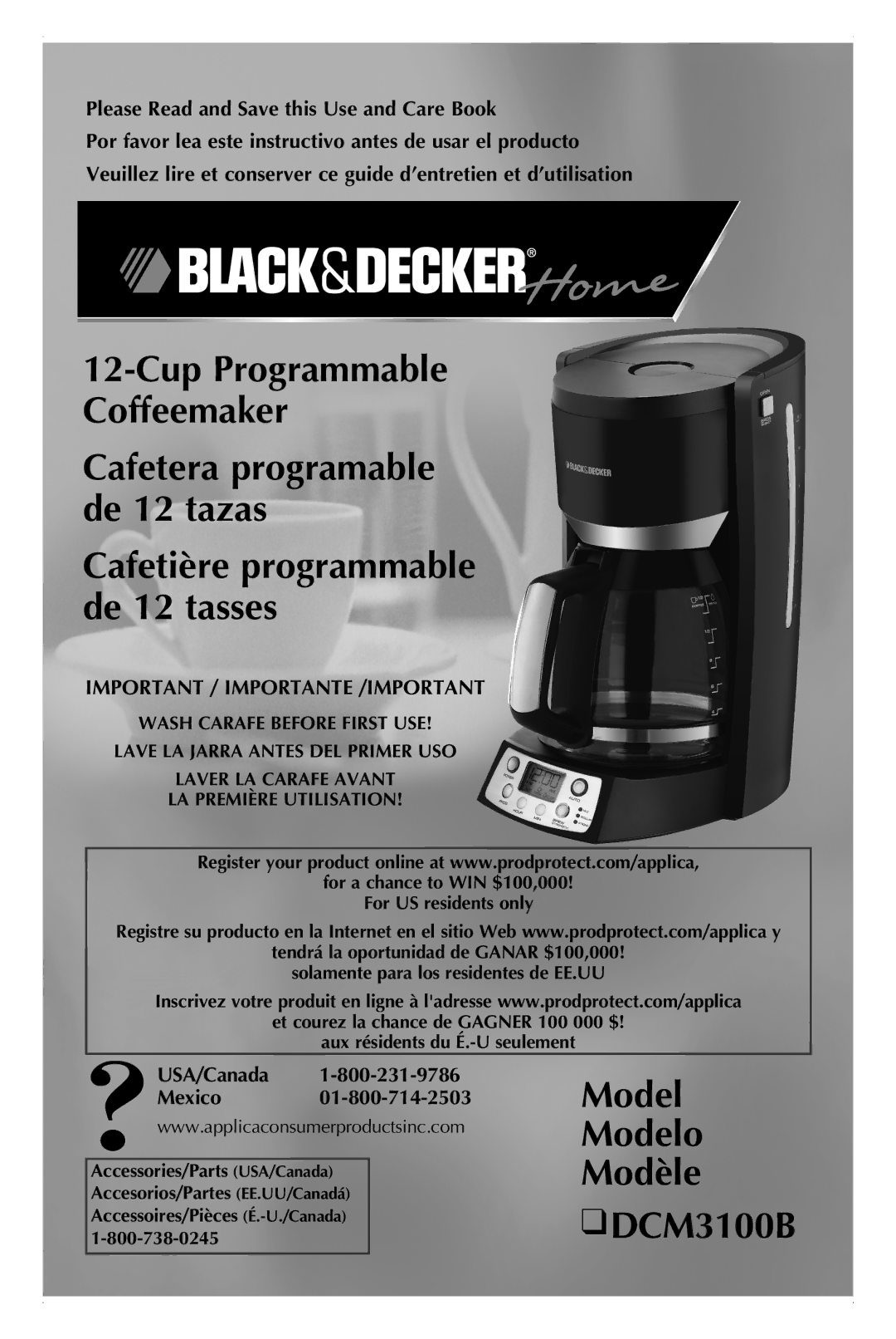 Black & Decker manual Model Modelo Modèle DCM3100B, Please Read and Save this Use and Care Book, USA/Canada Mexico 