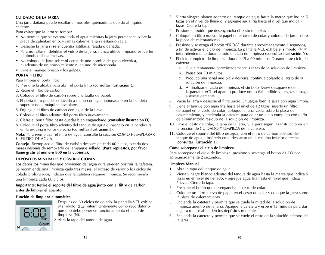 Black & Decker DCM3100B manual Cuidado DE LA Jarra, Porta Filtro, Depósitos Minerales Y Obstrucciones, Limpieza Manual 