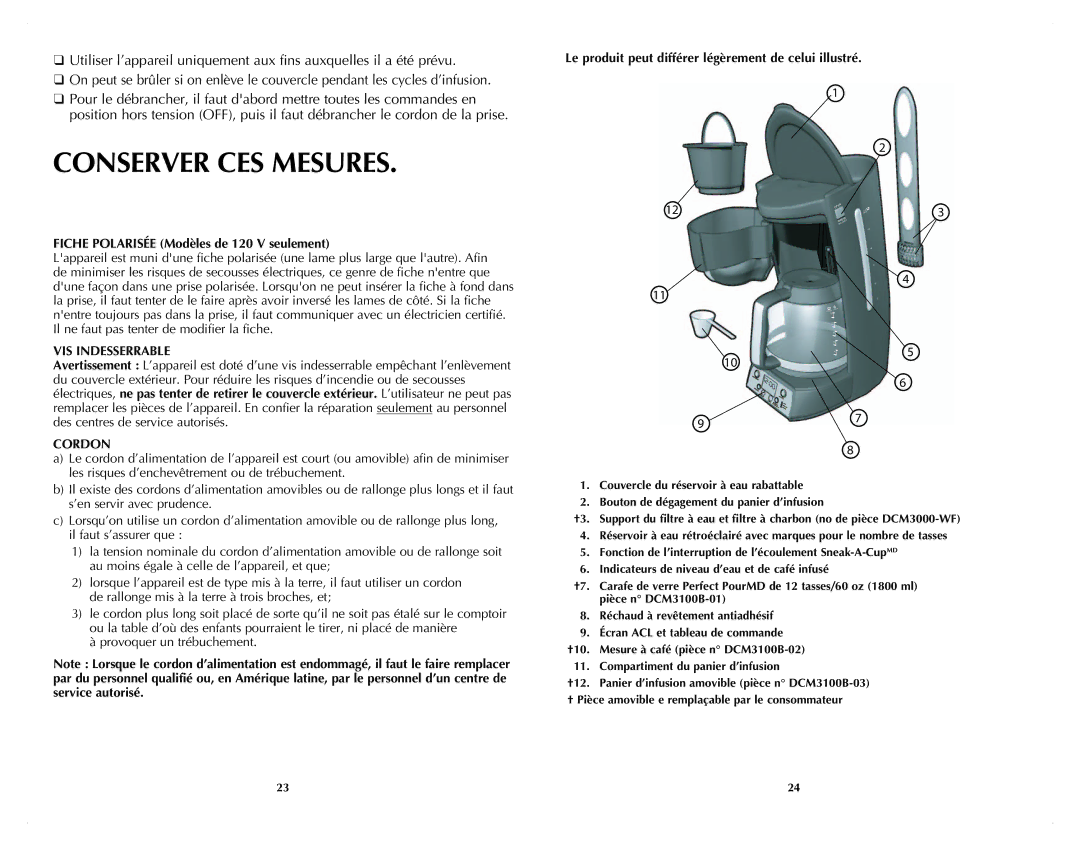 Black & Decker DCM3100B manual Conserver CES Mesures, Fiche Polarisée Modèles de 120 V seulement, VIS Indesserrable, Cordon 