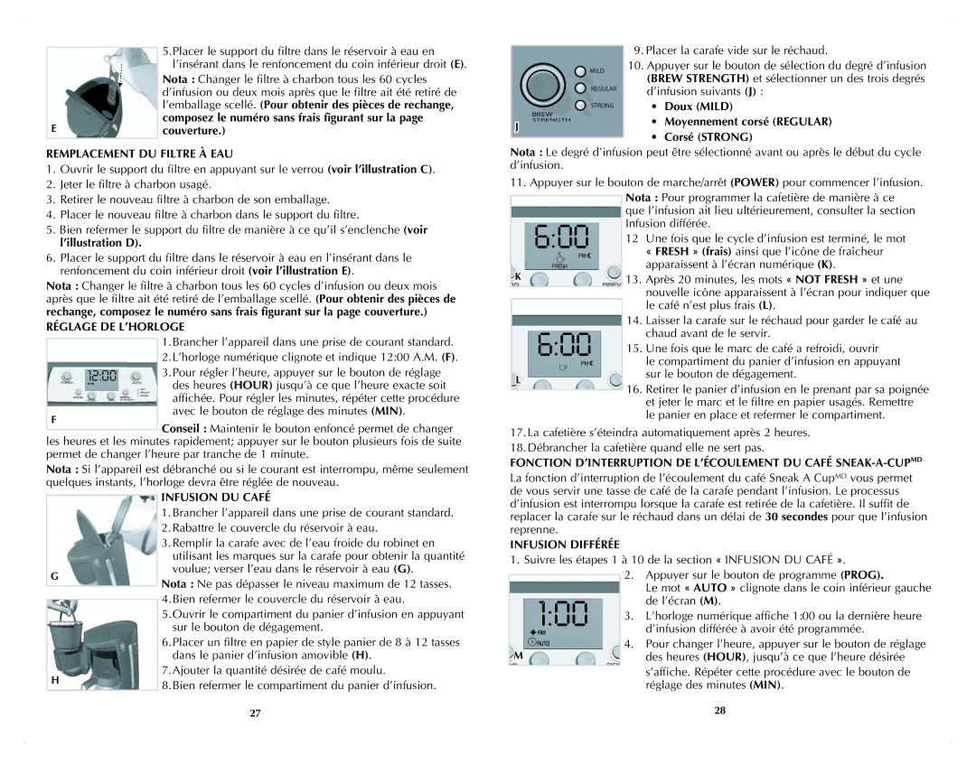 Black & Decker DCM3100B manual Remplacement DU Filtre À EAU, Réglage DE L’HORLOGE, Infusion DU Café, Infusion Différée 