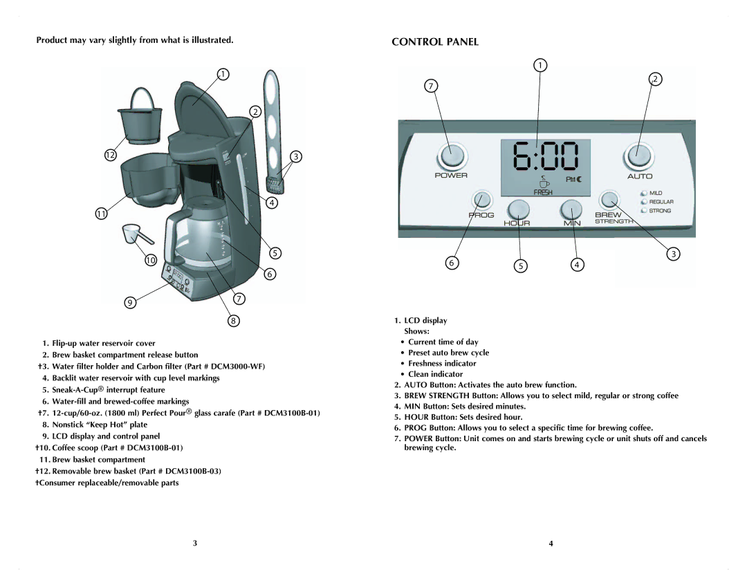 Black & Decker DCM3100B manual Control Panel, Product may vary slightly from what is illustrated 