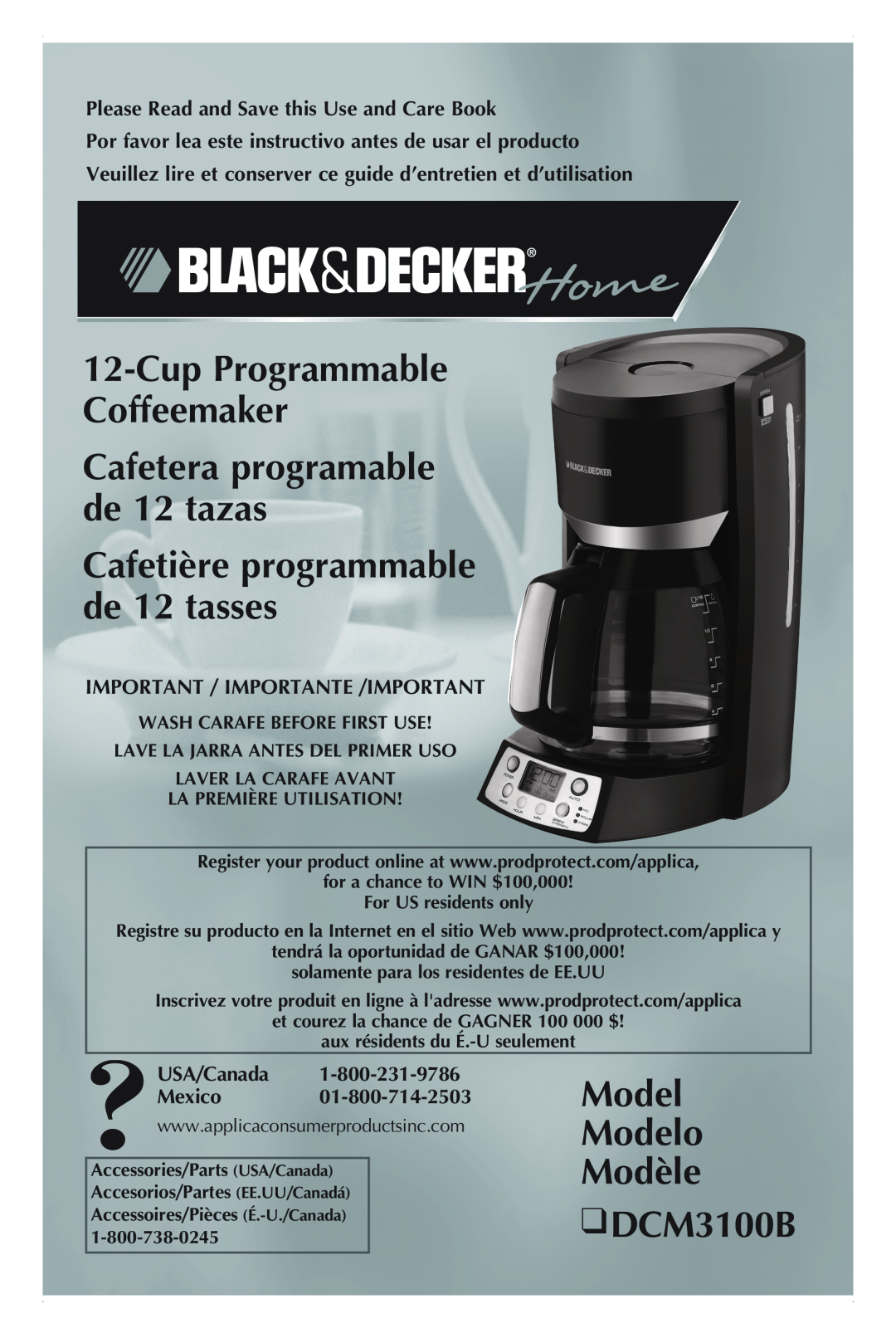 Black & Decker manual Model Modelo Modèle DCM3100B, CupProgrammable Coffeemaker, Cafetera programable de 12 tazas 