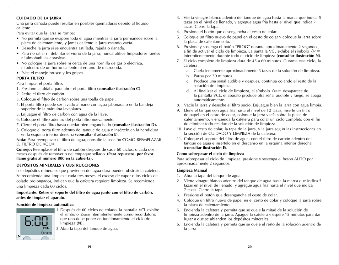 Black & Decker DCM3100B manual Cuidado De La Jarra, Porta Filtro, Depósitos Minerales Y Obstrucciones, Limpieza Manual 