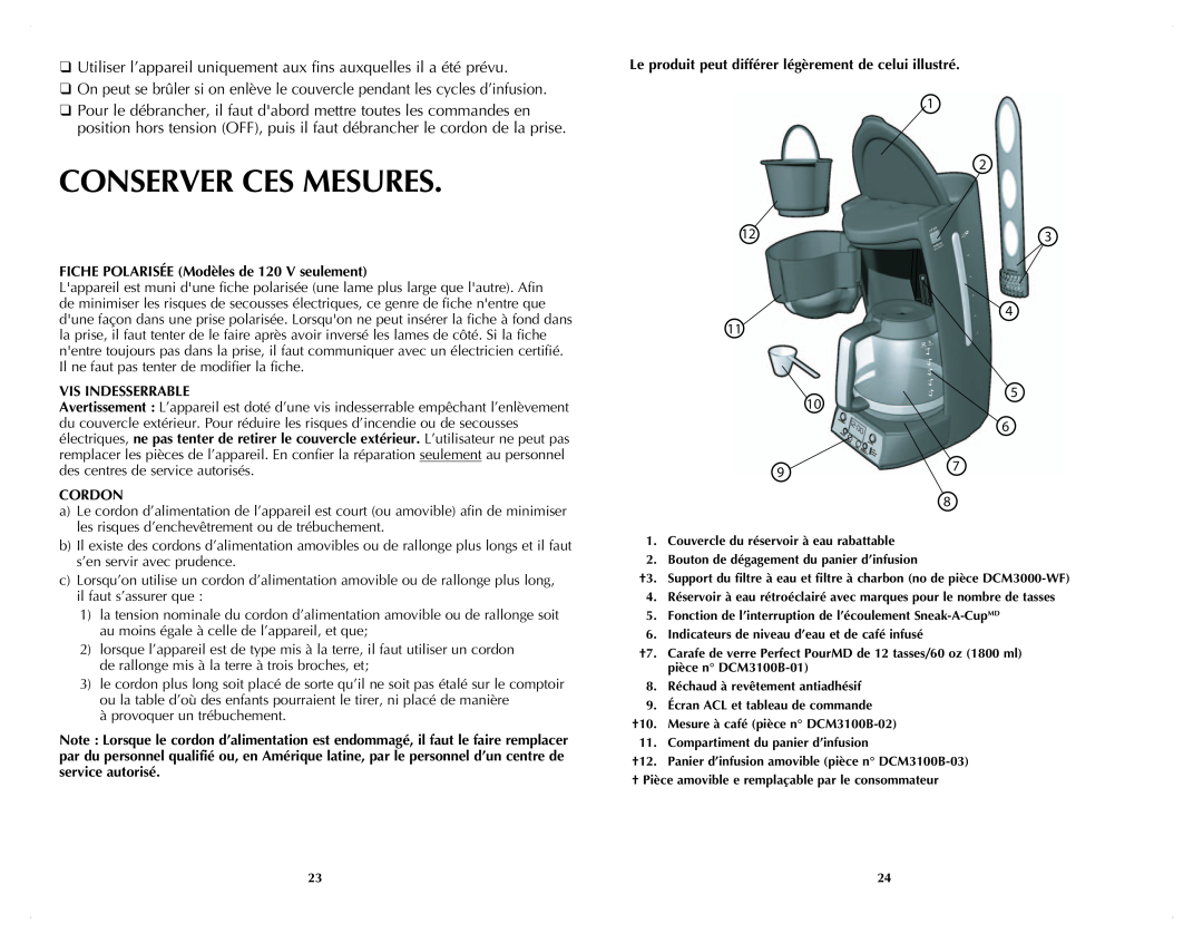 Black & Decker DCM3100B manual Conserver Ces Mesures, FICHE POLARISÉE Modèles de 120 V seulement, Vis Indesserrable, Cordon 