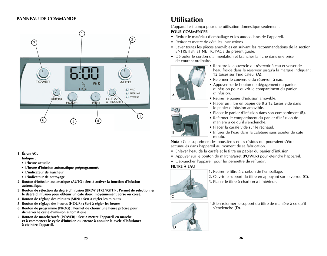 Black & Decker DCM3100B manual Utilisation, Panneau De Commande, Pour Commencer, Filtre À Eau 
