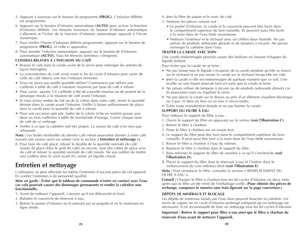 Black & Decker DCM3100B manual Entretien et nettoyage, Conseils Relatifs À L’Infusion Du Café, Traiter La Carafe Avec Soin 
