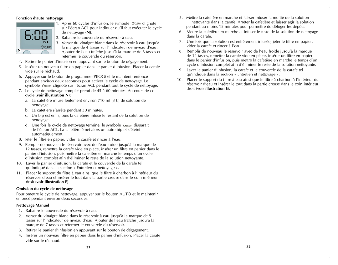 Black & Decker DCM3100B manual Fonction d’auto nettoyage, Omission du cycle de nettoyage, Nettoyage Manuel 