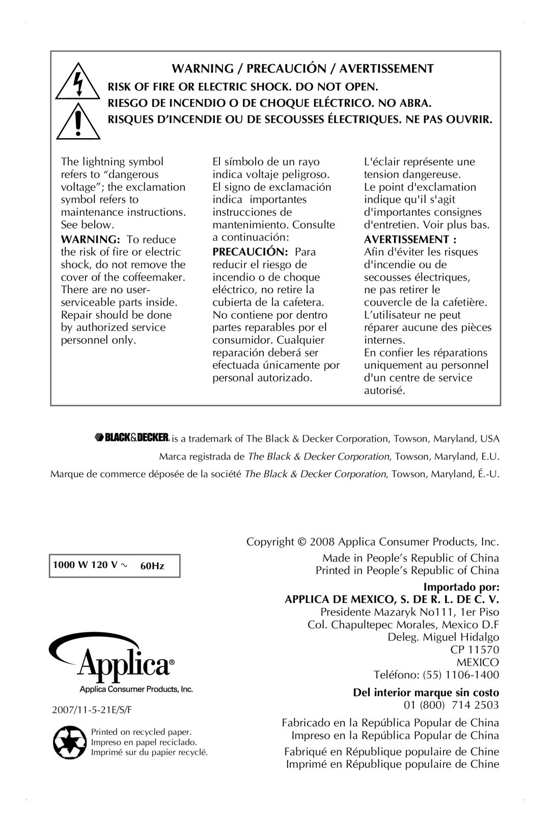 Black & Decker DCM3100B manual Warning / Precaución / Avertissement 