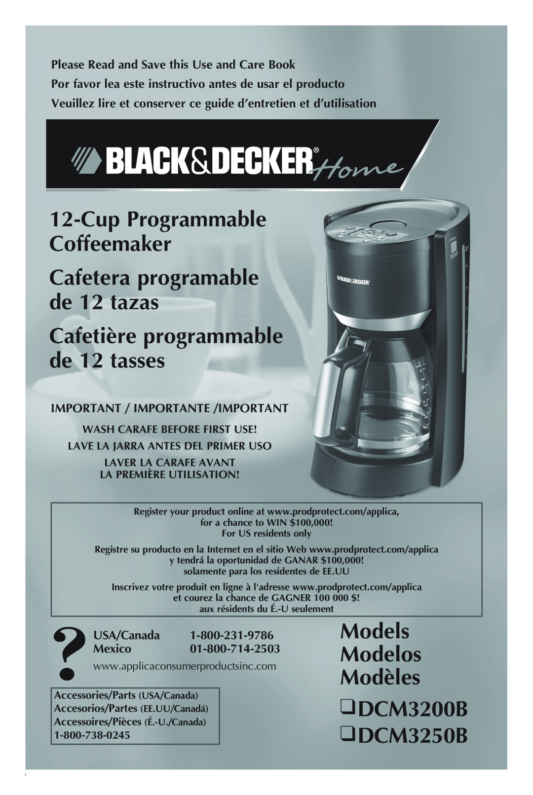 Black & Decker manual Models Modelos Modèles DCM3200B DCM3250B, Cafetière programmable de 12 tasses, USA/Canada Mexico 