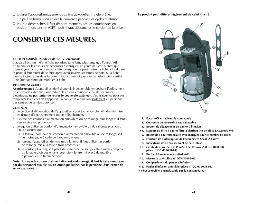 Black & Decker DCM3250B manual Conserver Ces Mesures, FICHE POLARISÉE Modèles de 120 V seulement, Vis Indesserrable, Cordon 
