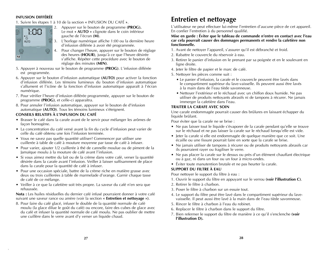 Black & Decker DCM3250B manual Entretien et nettoyage, AM100, Infusion Différée, Conseils Relatifs À L’Infusion Du Café 