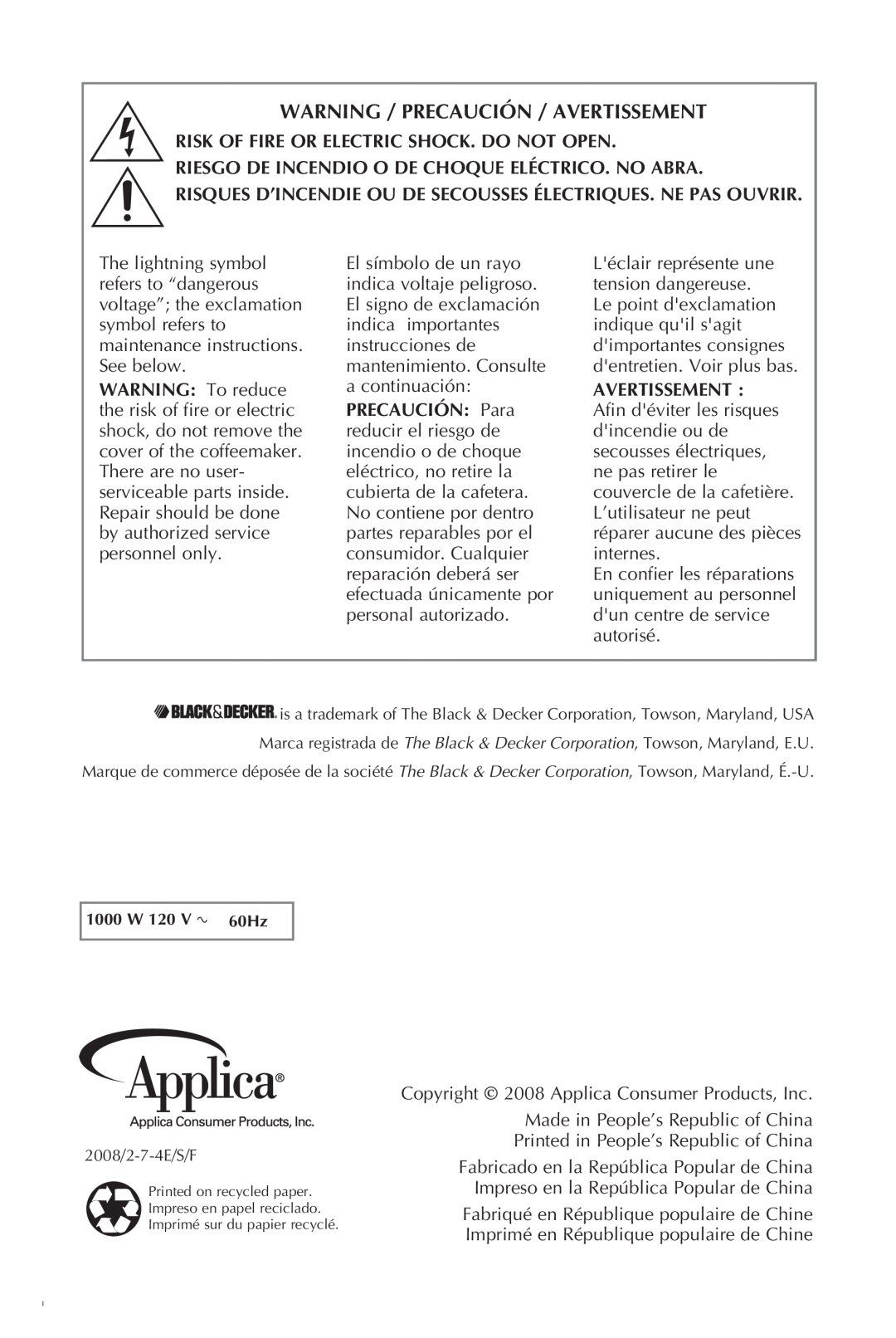 Black & Decker DCM3250B Warning / Precaución / Avertissement, Copyright 2008 Applica Consumer Products, Inc, 1000 W, 60Hz 