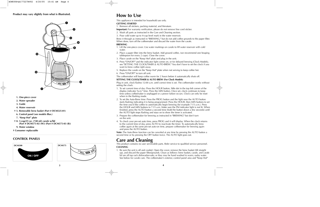 Black & Decker DCM500 Series manual How to Use, Care and Cleaning, Product may vary slightly from what is illustrated 