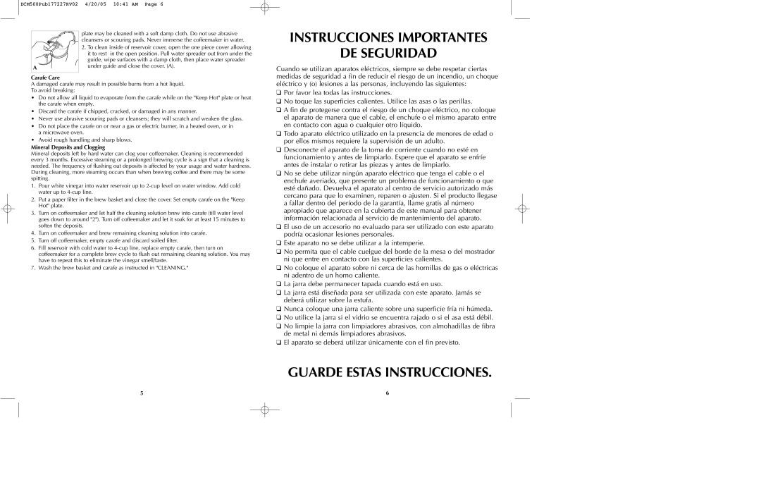 Black & Decker DCM500 Series manual Instrucciones Importantes DE Seguridad, Guarde Estas Instrucciones, Carafe Care 