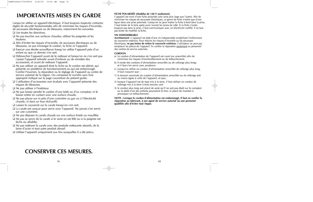 Black & Decker DCM500 Series manual Importantes Mises En Garde, Conserver Ces Mesures 