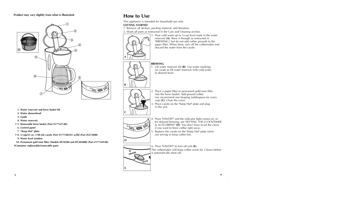 Black & Decker DCM580B, DCM575B How to Use, Product may vary slightly from what is illustrated, Getting Started, Brewing 