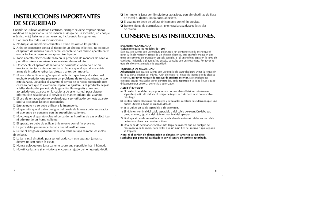 Black & Decker DCM575B, DCM580B manual Instrucciones Importantes DE Seguridad, Cable Électrico 