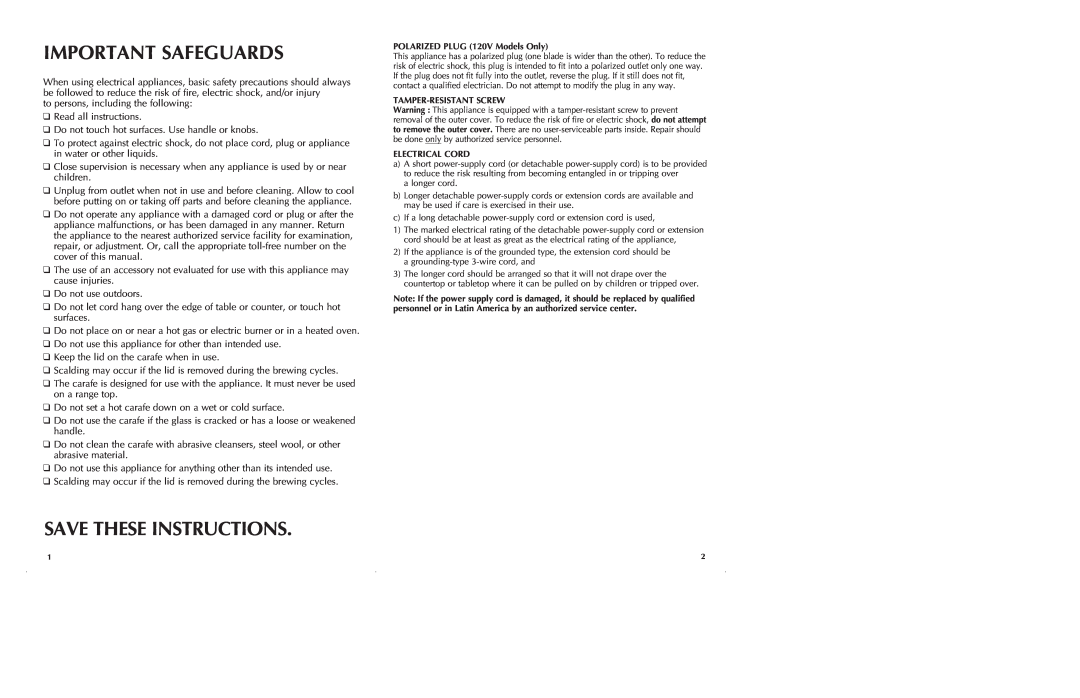 Black & Decker DCM575B, DCM580B manual Important Safeguards, Save These Instructions 