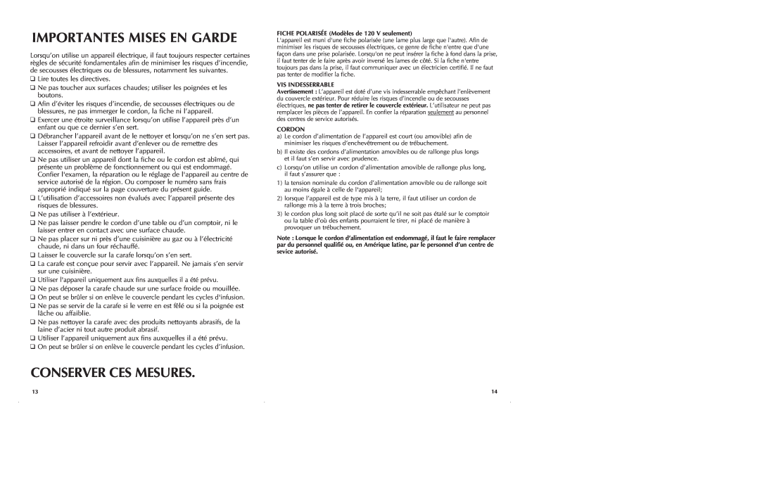 Black & Decker DCM575B, DCM580B manual Importantes Mises En Garde, Conserver Ces Mesures 