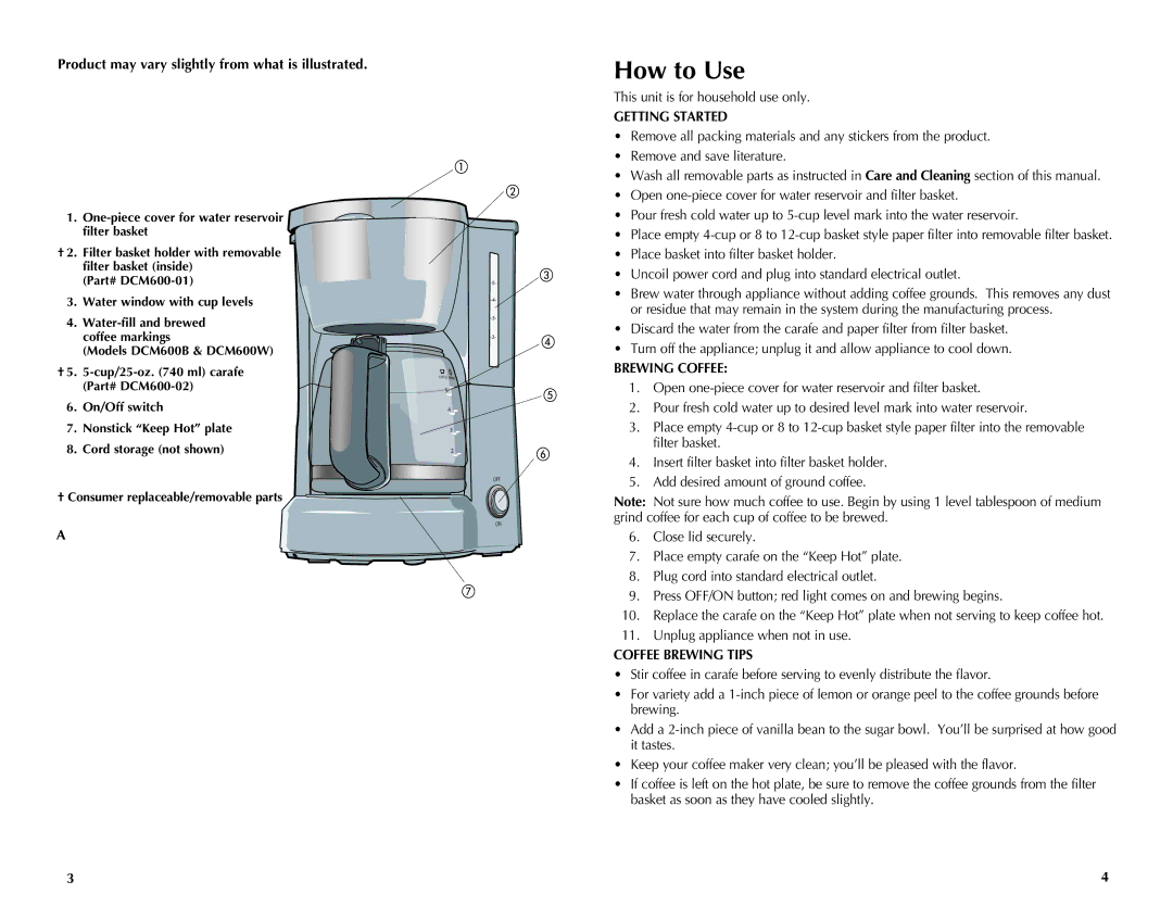 Black & Decker DCM600W How to Use, Product may vary slightly from what is illustrated, Getting Started, Brewing Coffee 