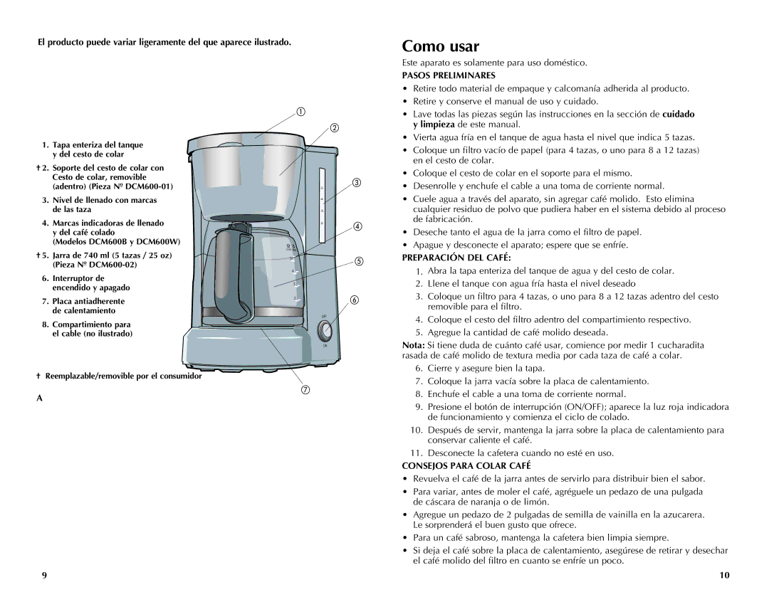 Black & Decker DCM600W, DCM600BT manual Como usar, Pasos Preliminares,  Preparación DEL Café, Consejos Para Colar Café 