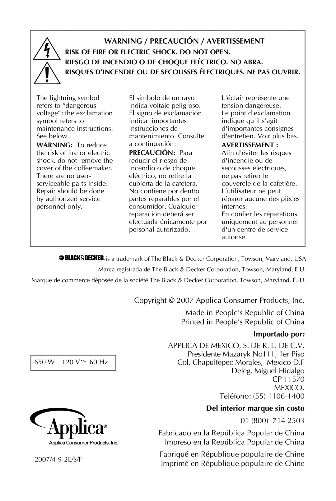 Black & Decker DCM600B Warning / Precaución / Avertissement, Copyright 2007 Applica Consumer Products, Inc, Importado por 