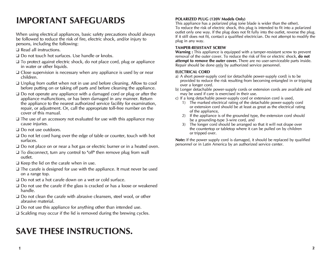 Black & Decker DCM600BT, DCM600W manual Important Safeguards, Save These Instructions 
