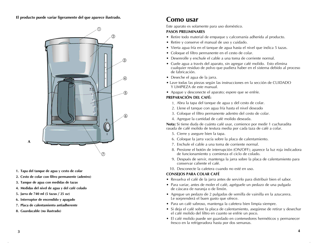 Black & Decker DCM601W, DCM601B manual Como usar, Pasos Preliminares, Preparación DEL Café, Consejos Para Colar Café 