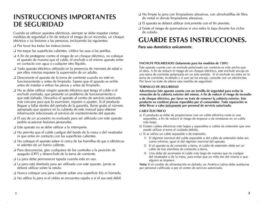 Black & Decker DCM601B Guarde Estas Instrucciones, Para uso doméstico unicamente, Instrucciones Importantes De Seguridad 