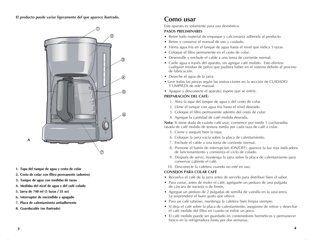 Black & Decker DCM601W, DCM601B manual Como usar, Pasos Preliminares, Preparación Del Café, Consejos Para Colar Café 