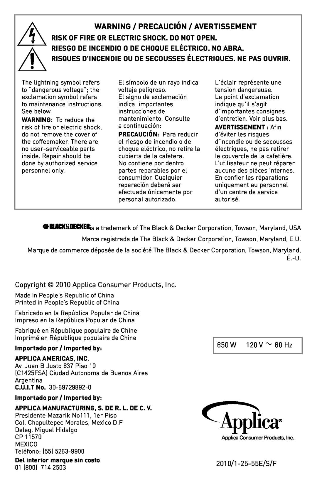 Black & Decker DCM675WF, DCM675BF manual Warning / Precaución / Avertissement, Copyright 2010 Applica Consumer Products, Inc 