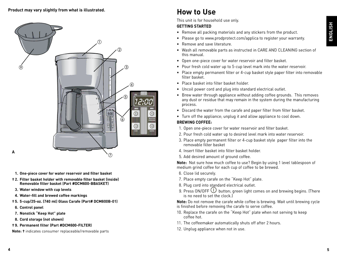 Black & Decker DCM675BFC How to Use, Product may vary slightly from what is illustrated, Getting Started, Brewing Coffee 